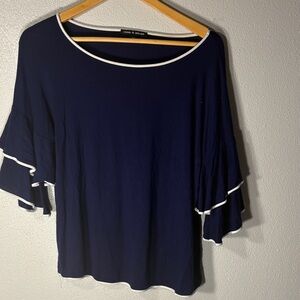Dark Blue Blouse with Flutter Sleeves with White Trim